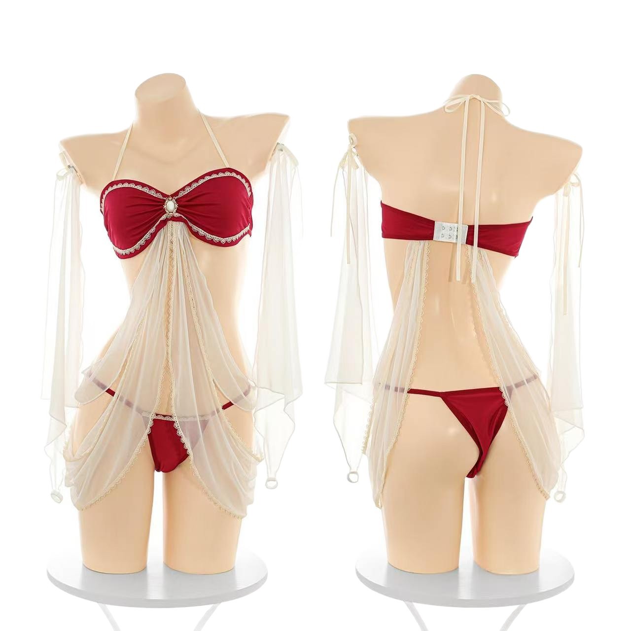 Sheer Lace Halter Neck Lingerie Set with Mesh Skirt and Briefs, Slimming Three-Piece Outfit - Image 5