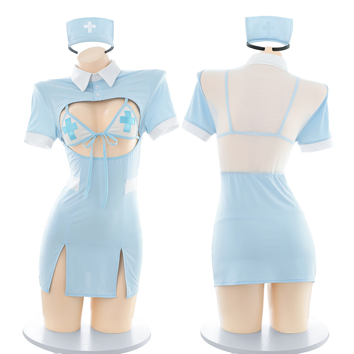 Feimu Nurse Cosplay Dress Set with Headband, Bra, Thong and Stockings - Image 5