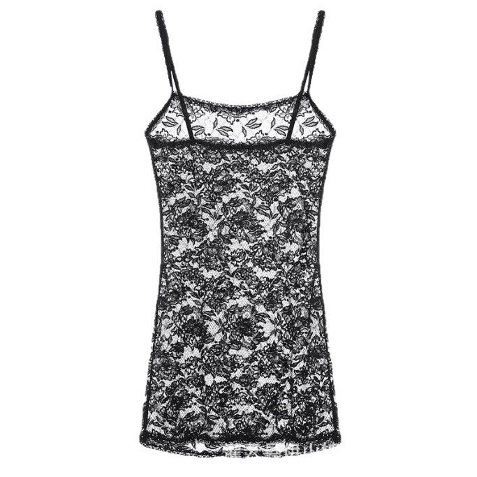 Transparent Lace Babydoll Set with Sling Mini Skirt and Panty, Black One Size - Image 5