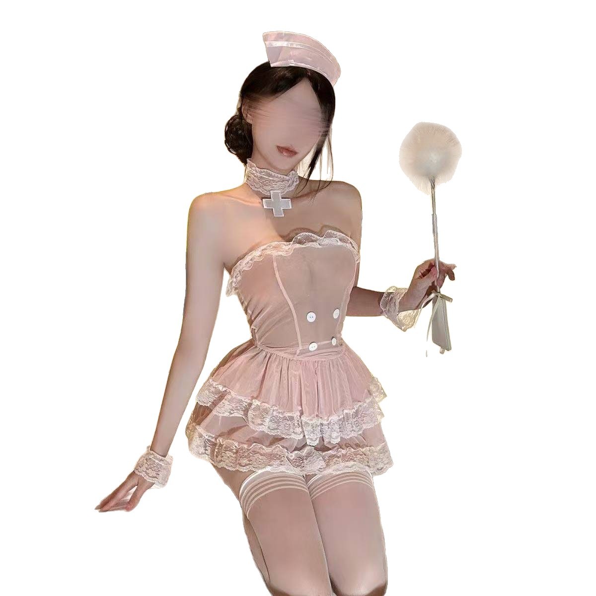 Nurse Roleplay Lingerie Set with Lace Tube Top, Tutu Skirt and Striped Stockings - Image 5