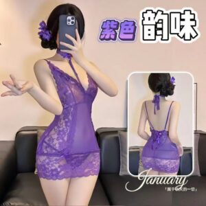 Lace Perspective Deep-V Babydoll Set with Sheer Mesh and Stockings