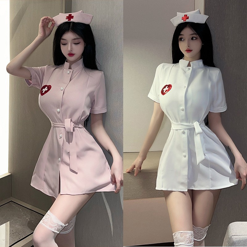 Women's Nurse Role Play Costume Set with Pink Dress and Open-Crotch Stockings - Image 4