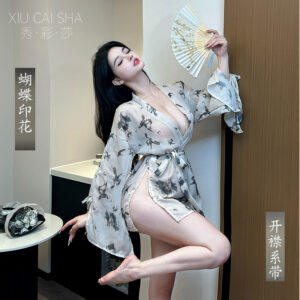 Butterfly Print Sheer Chiffon Kimono Robe Set with Belt and Thong