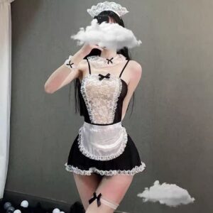 Lace Maid Roleplay Lingerie Set with Fishnet Stockings, One Size