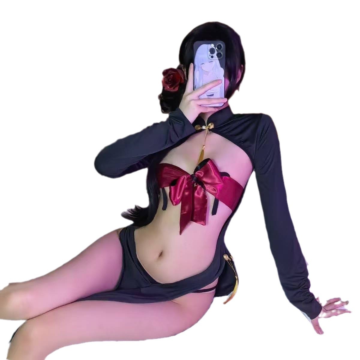Maid Roleplay Lingerie Set with Cheongsam-Style Dress, Heart Nipple Covers and Satin Blindfold - Image 5