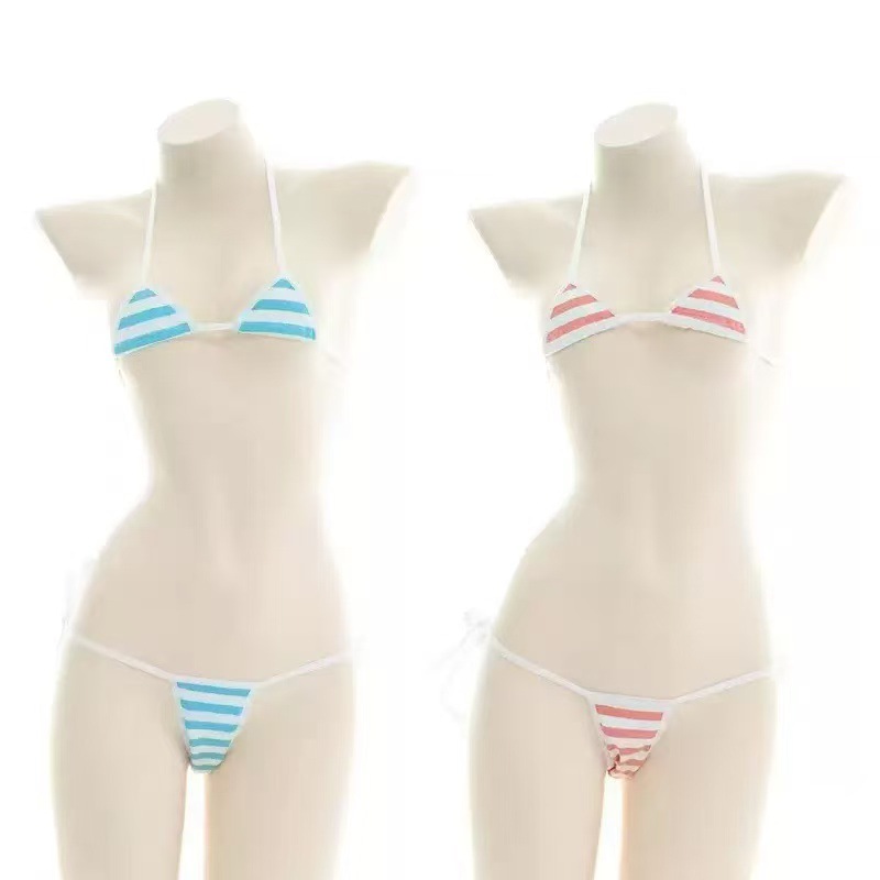 Striped Lace-Up Camisole Lingerie Set, Japanese-Style Figure-Flattering Two-Piece in Pink - Image 2