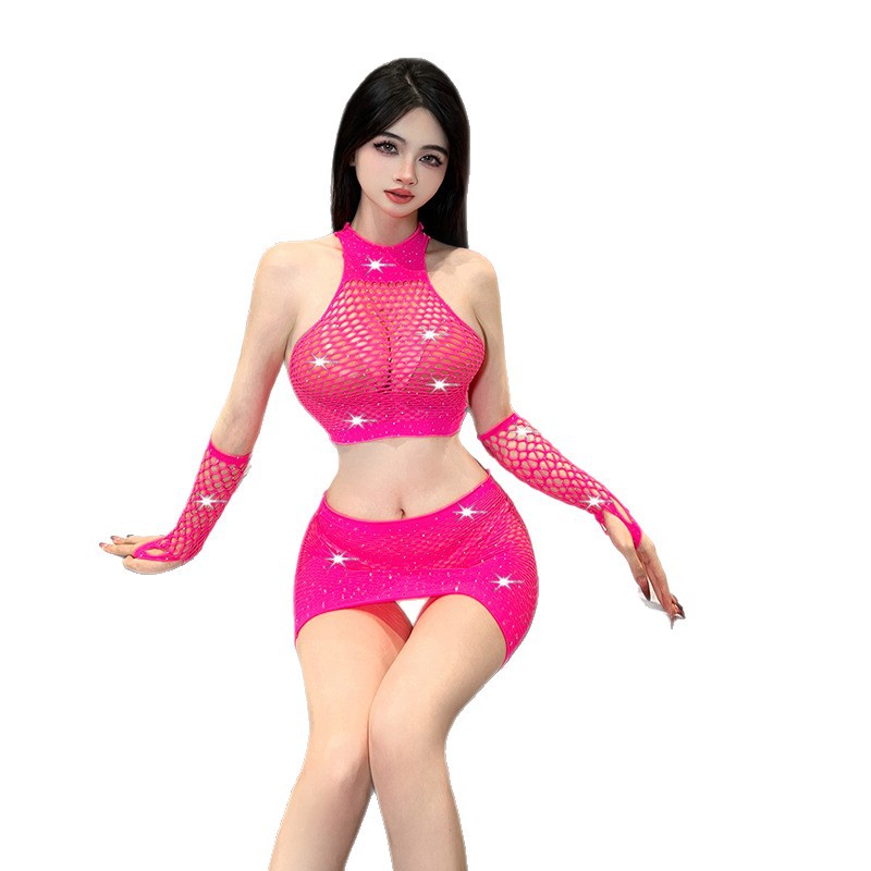 Fishnet Cut-Out Lingerie Set with Rhinestone Detail and Stockings - Image 5