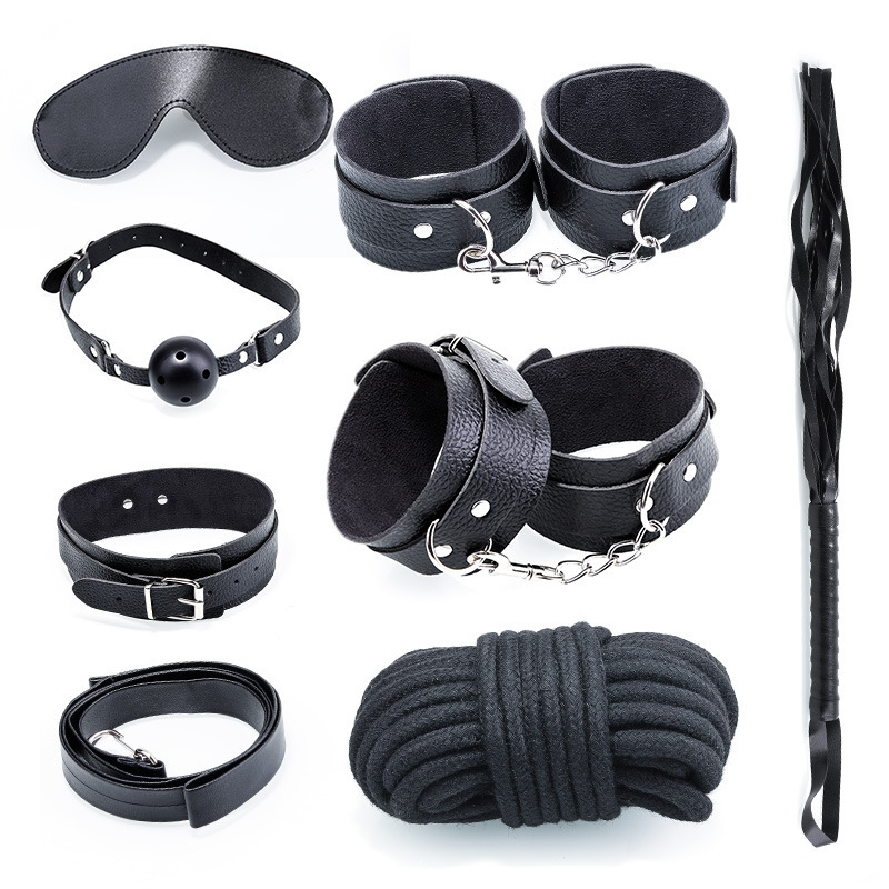 Seven-Piece Bondage Restraint Set with Handcuffs and Blindfold, Black-Red - Image 3