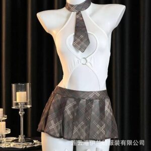 Retro JK Uniform Jumpsuit Lingerie Set with Open-Crotch Design and Mini Skirt