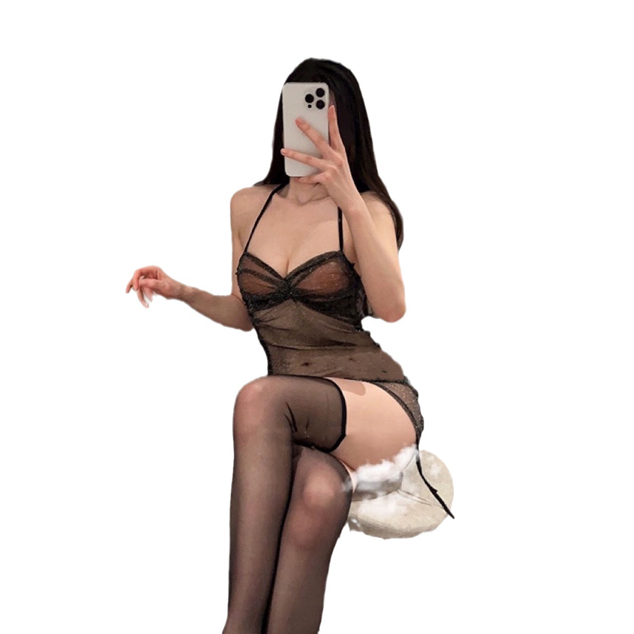 Glitter Mesh Halter Babydoll Set with Thong, Ultra-thin Black Lingerie - Image 5