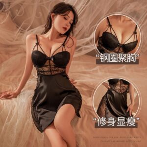 Women's Sheer Lace Backless Nightdress with Chest Pad, Satin Finish, One Size