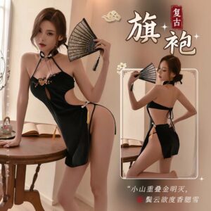 Plus Size Chinese-Style Cheongsam Lingerie, Halter Neck Backless Embroidered Babydoll Pajama