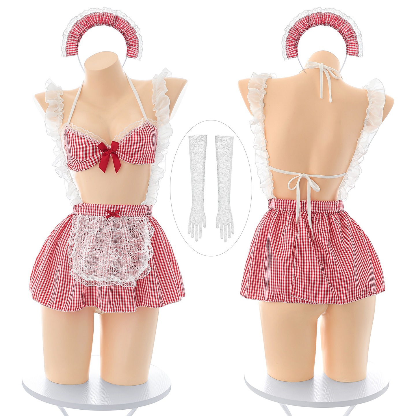 Sweet Summer Plaid Maid Costume Set with Lace Backless Suspender Dress and Accessories - Image 5