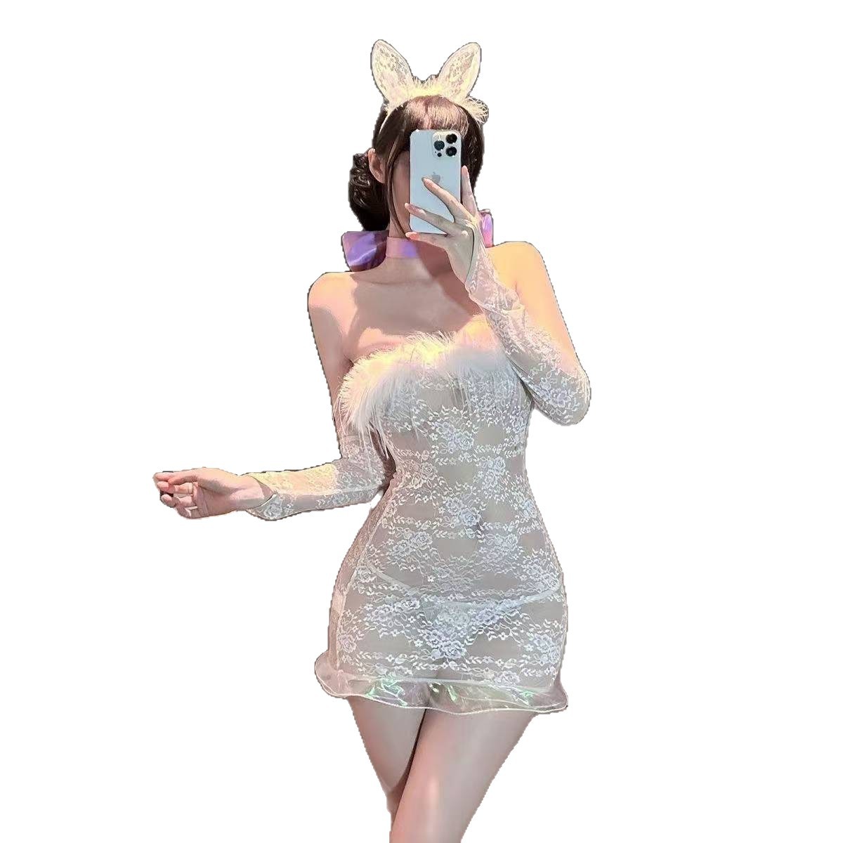 Lace Bunny Girl Lingerie Set with Sheer Mesh Top, Arm Sleeves and Panties - Image 5