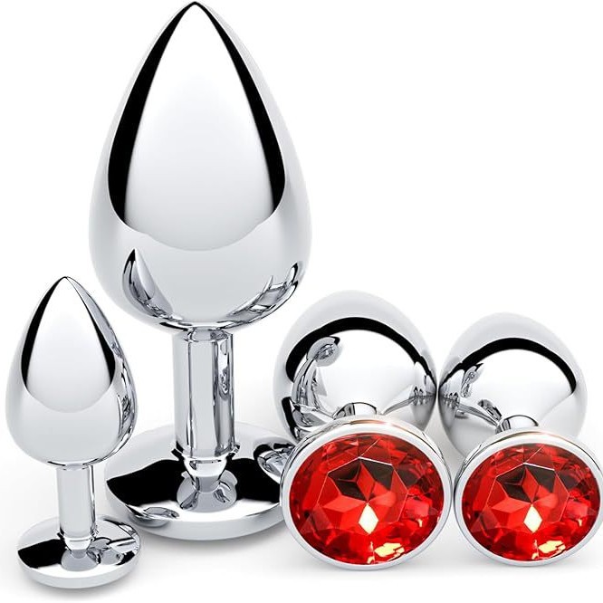 Metal Anal Plug Set with Diamond Detail, 3 Sizes with Velvet Pouch - Image 5