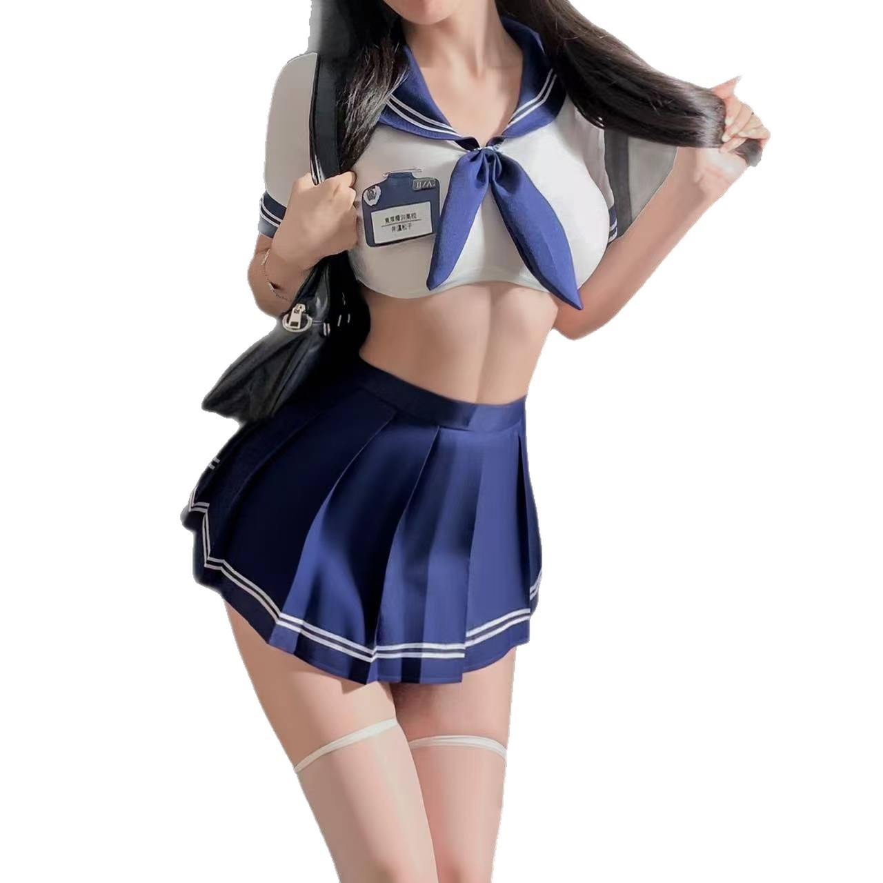 Sailor Schoolgirl Role-Play Lingerie Set with Pleated JK Skirt and White Stockings - Image 5