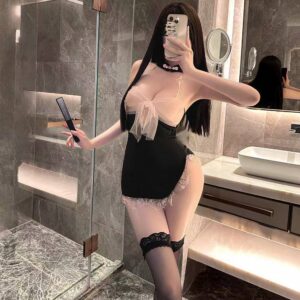 Sexy Cheongsam Uniform Lingerie Set, Halter Neck See-Through Mesh Mini Dress with Backless Design