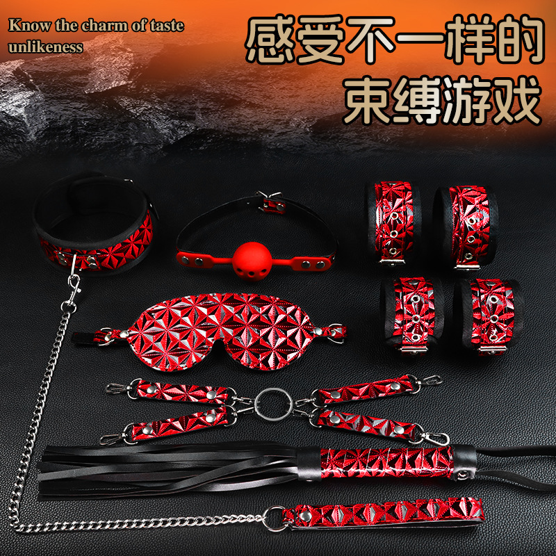 SM Eight-Piece Bondage Set with PU Leather Handcuffs and Metal Hardware - Image 2