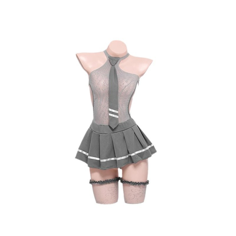 JK Uniform Roleplay Lingerie Set with Tie, Skirt Dress and Stockings in Grey - Image 5