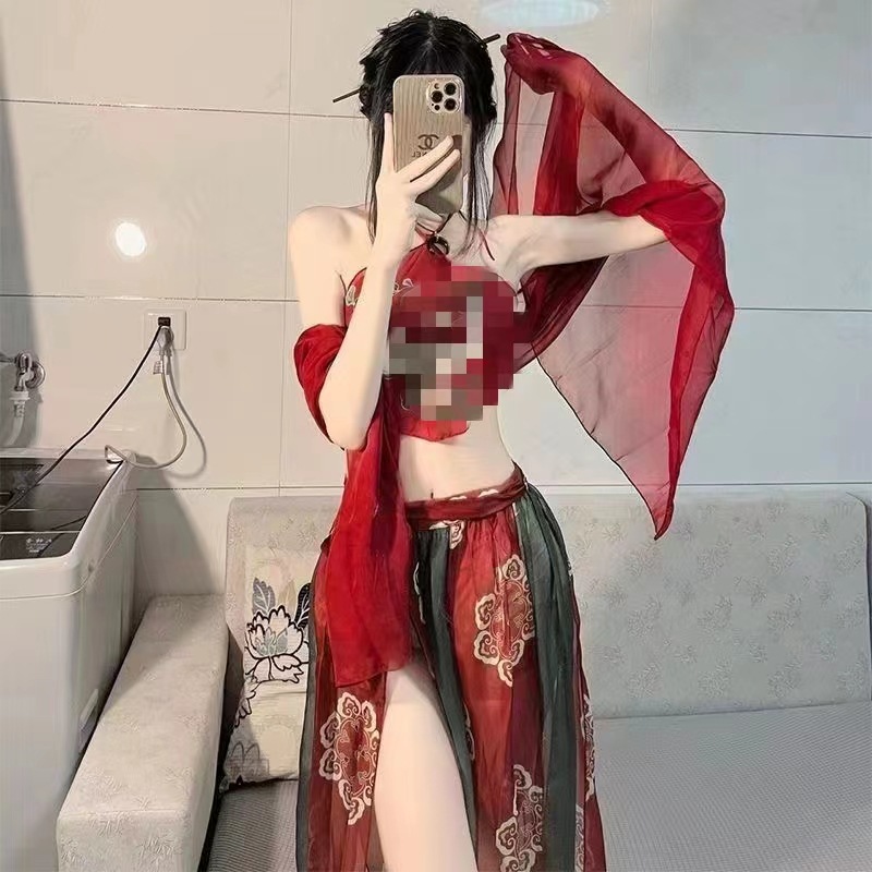 Dunhuang Phoenix Feitian Printed Belly Dance Costume Set with Shawl, Dudou, Skirt and Thong - Image 3