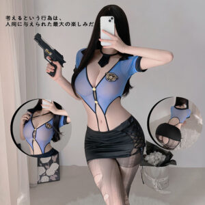 Policewoman Cosplay Crotchless Bodysuit Set with Tie, Mini Skirt and Ripped Tights