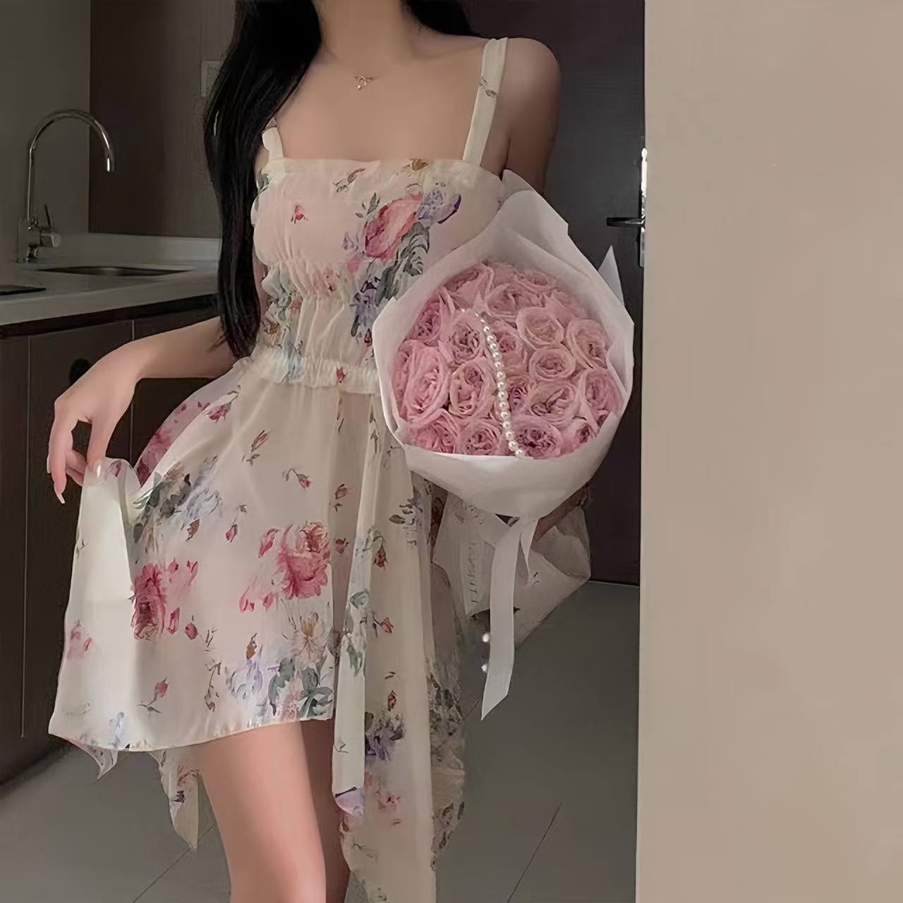 Floral Lace-Trim Slip Dress Pajama Set, Sheer Mesh Overlay, One Size - Image 2