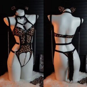 Leopard Print Maid Roleplay Jumpsuit with Headband and Gloves, Backless Cut-out Design