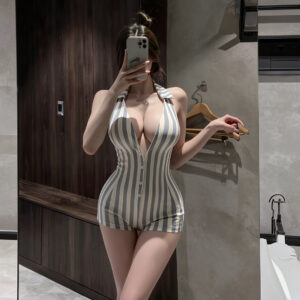 Plus-size Open-crotch Bodysuit, Deep V-neck Backless Striped Lingerie