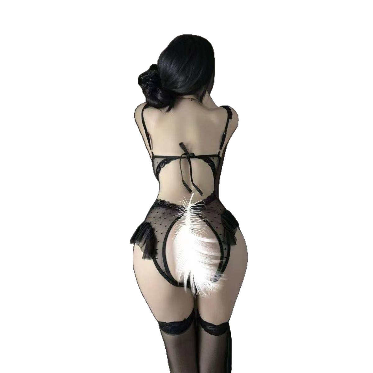 Pearl-Detail Open-Crotch Butterfly Mesh Bodysuit with Matching Stockings - Image 5