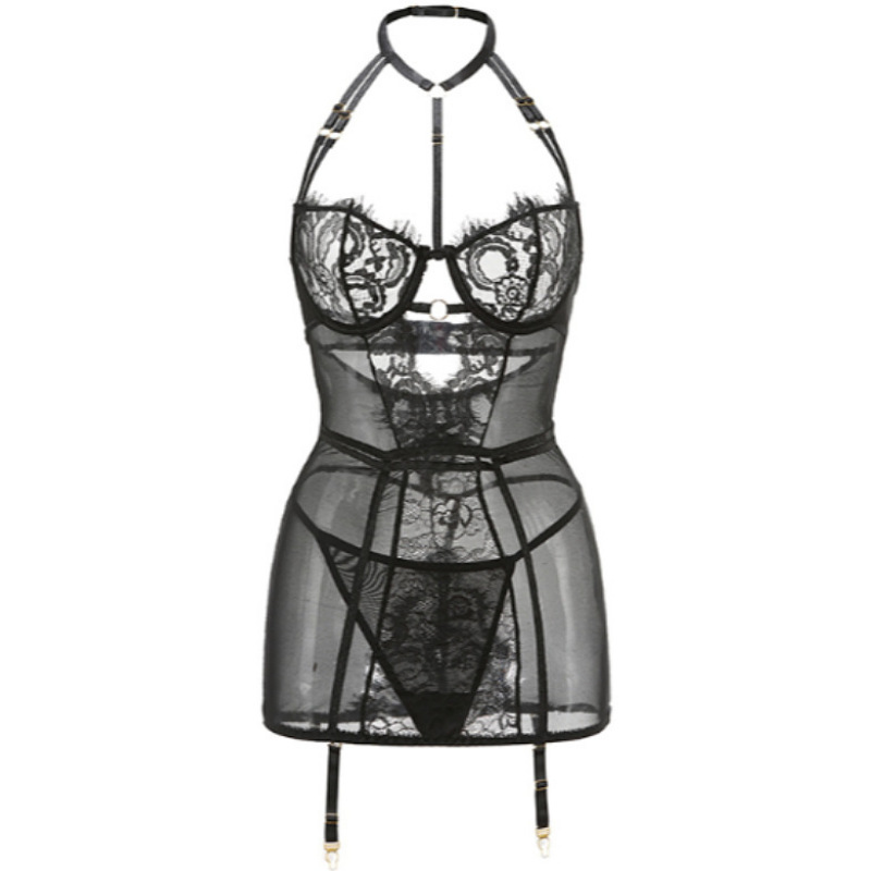 Lace Halterneck Lingerie Set with Underwire, Garters and Stockings, Red Roleplay Costume - Image 5