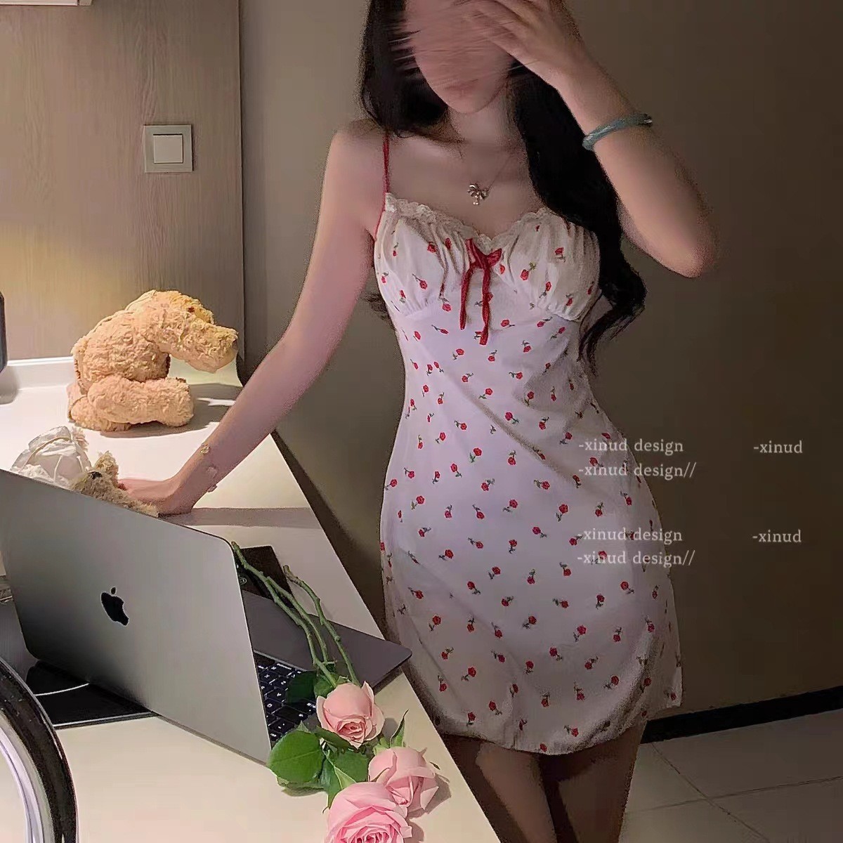 Floral Cherry Suspender Pajama Skirt Set with Chest Pad, Sheer Summer Homewear - Image 3