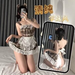Maid Roleplay Costume Set with Plaid Dress and White Tights, One Size Polyester