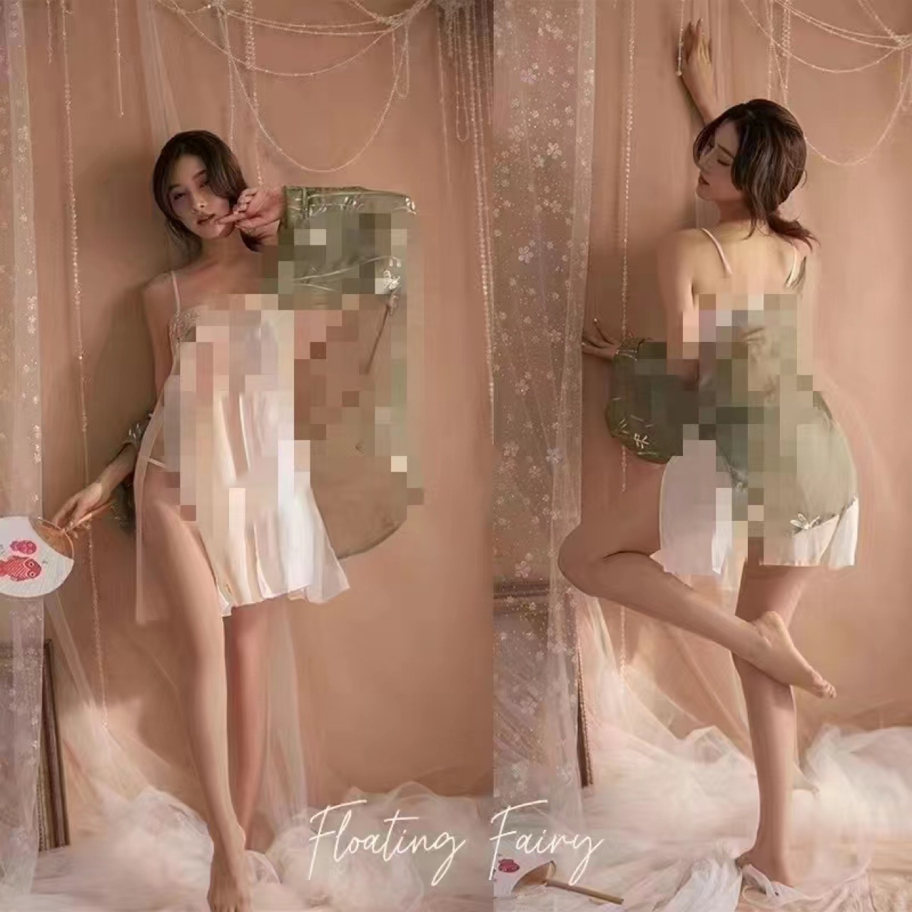 Chinese Republic-Era Hanfu Style Roleplay Lingerie Set with Embroidered Mesh Cape, Bandeau Top and Thong - Image 3