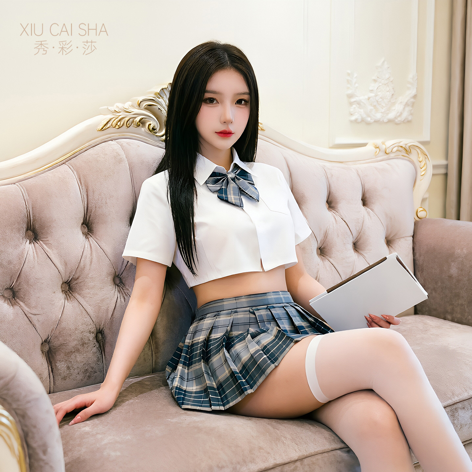 Xiucaisha JK Uniform Lingerie Set, Dark Red Pleated Skirt Roleplay Outfit, One Size - Image 5