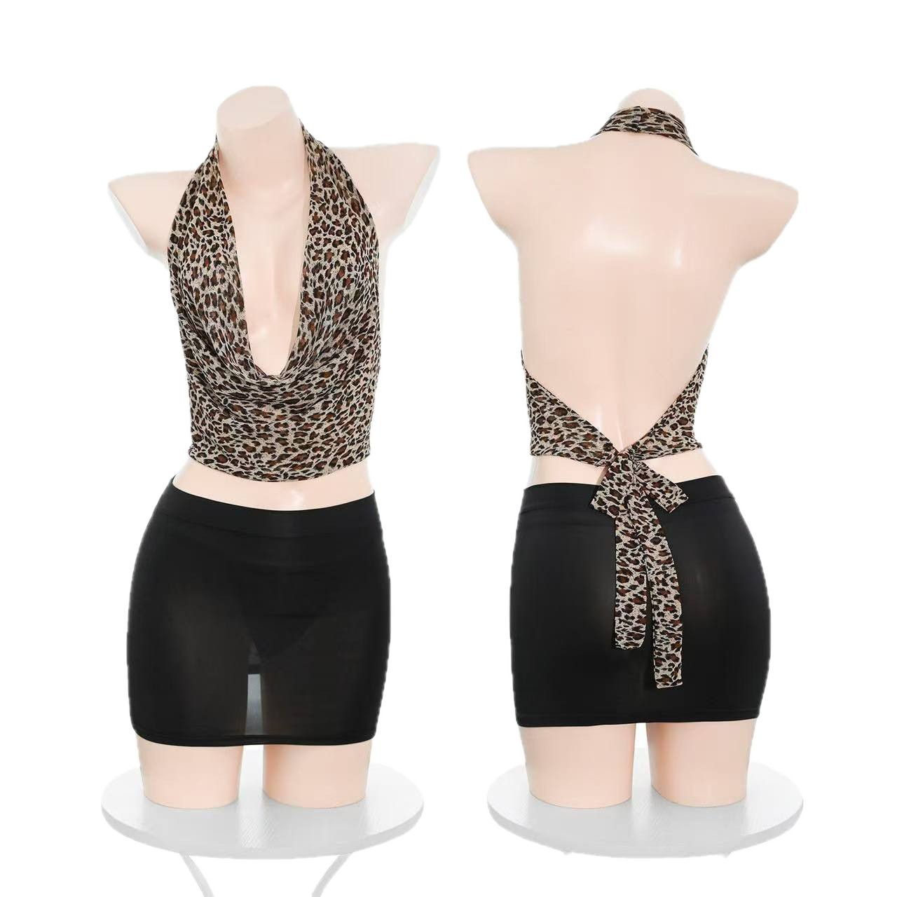 Leopard Print Open-Bust Secretary Costume Bodysuit, One Size Polyester Lingerie Set - Image 5