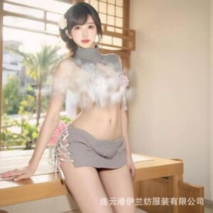 Open-Bust Knit Sweater Dress for Women, Black Polyester Roleplay Lingerie, One Size