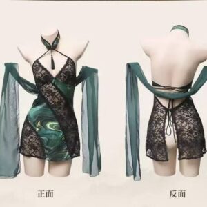 Halter Neck Lace Cheongsam-Style Cosplay Dress with Slits and Sheer Scarf