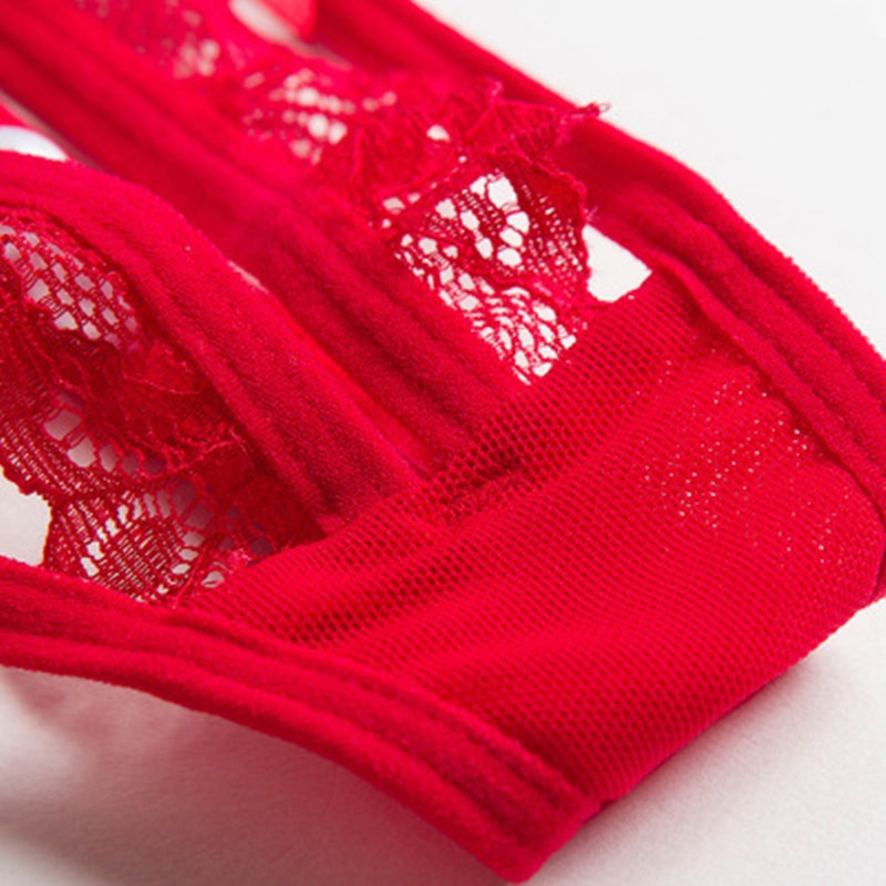 Women's Lace Hollow-Out Thong with Pearl Massage Detail, Open Crotch, Stretch Fit, Pink - Image 3