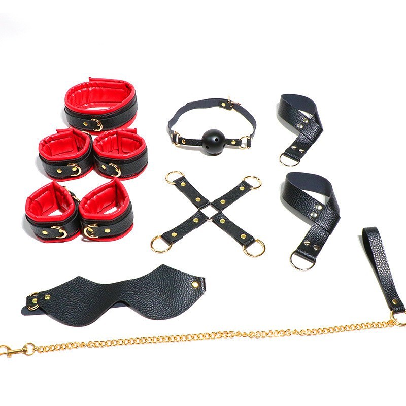 8-Piece Faux Leather Bondage Set with Metal Handcuffs, Black Adult Couple Kit - Image 5