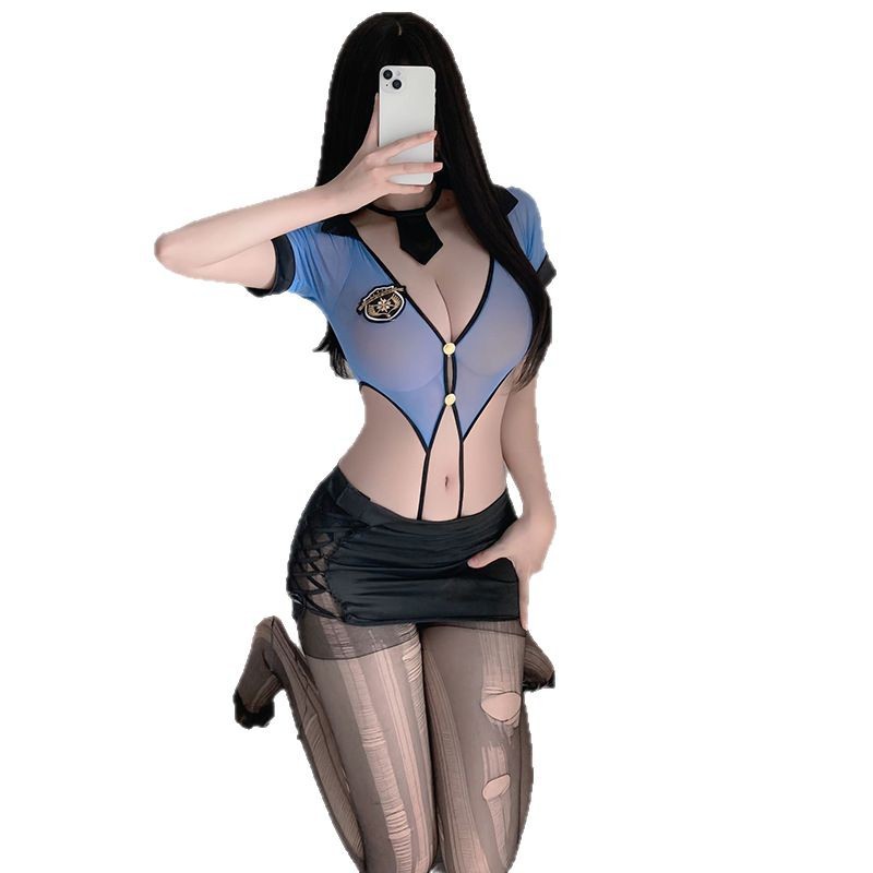 Policewoman Cosplay Crotchless Bodysuit Set with Tie, Mini Skirt and Ripped Tights - Image 5