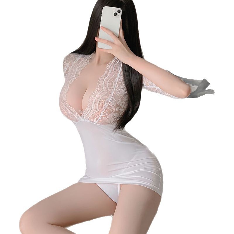 Lace Secretary Roleplay Costume Set with Purple Patent Mini Skirt and Thong - Image 5