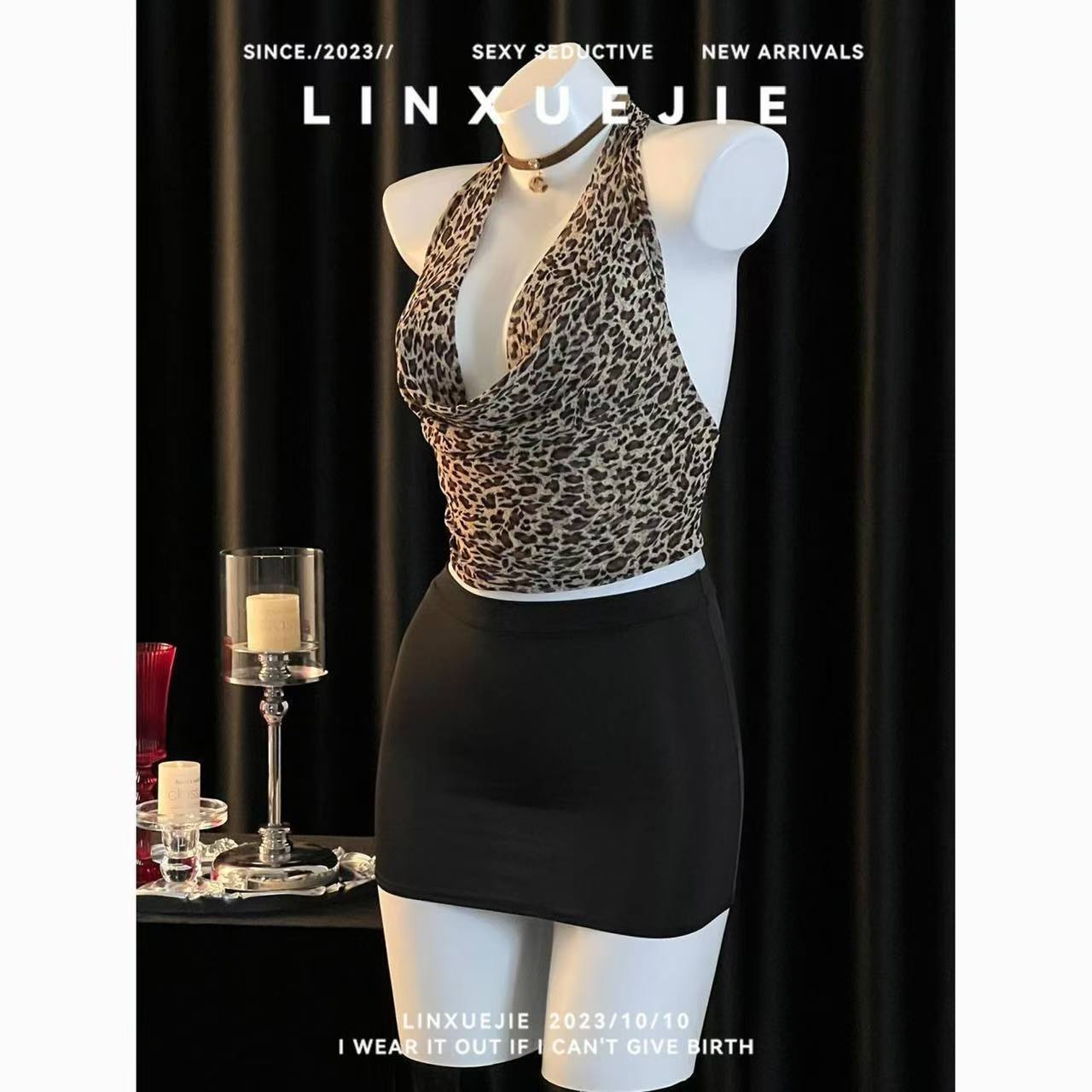 Leopard Print Open-Bust Secretary Costume Bodysuit, One Size Polyester Lingerie Set - Image 4