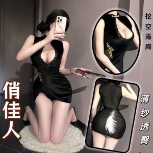 Sheer Lace Cheongsam Uniform Set with Stand Collar, Deep V-Neck and Hollow-Out Design