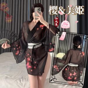 Japanese-Style Cherry Blossom Kimono Lingerie Set with Deep-V Top and Matching Open-Toe Stockings