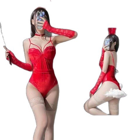 Bunny Girl Cosplay Lingerie Set with Gloves, Red Uniform for Small Busts - Image 5