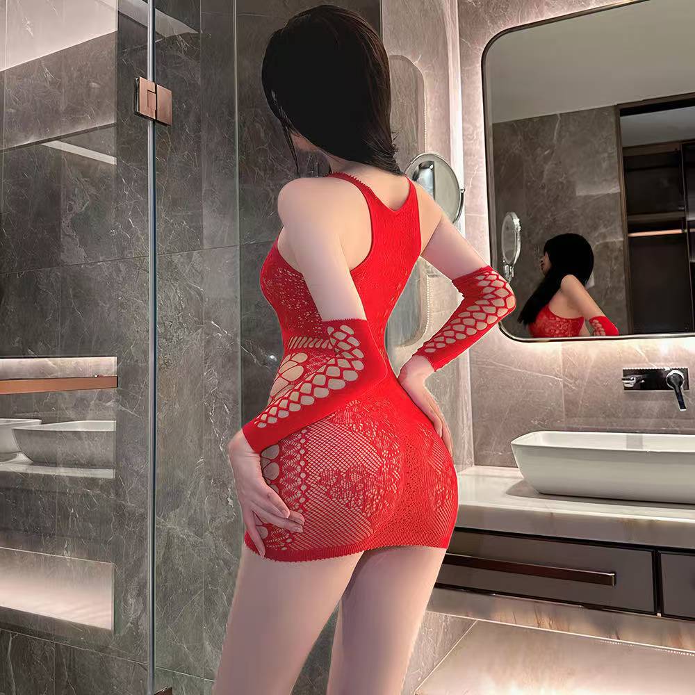 Purely Alluring See-Through Lace Net Dress, Slim-Fit Bodycon Mini Lingerie in Red, One Size - Image 2