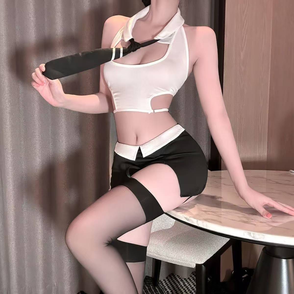 Secretary Roleplay Lingerie Set with Top, Skirt, Bow Tie, Thong and Garters - Image 4