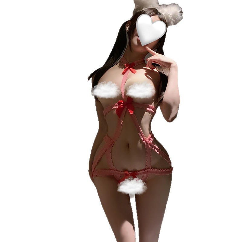 Patterned Open-Crotch Halter Bodysuit with Long-Sleeve Robe and Heart Pasties - Image 5