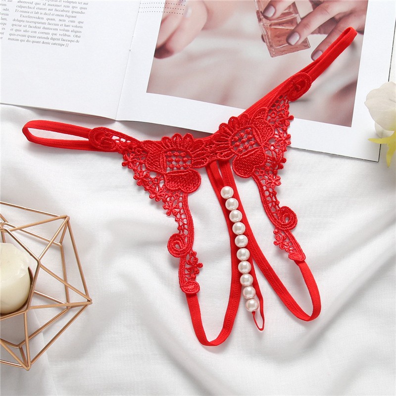 Women's Embroidered Open-Crotch Tart Trousers with Pearl Detail and Free Thong - Image 4