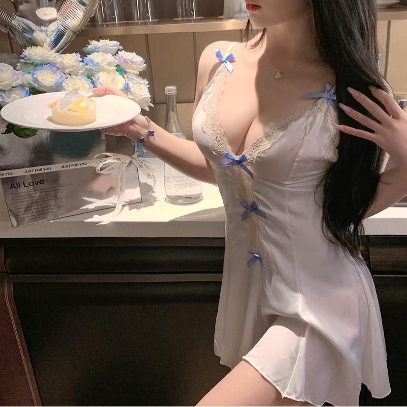 Butterfly Lace Ice Silk Babydoll Nightdress Slimming V-Neck Slip Dress - Image 2